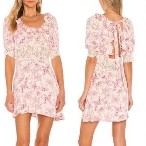 Free People Lace Floral Dress Pink Fit & Flare Ruffle Tie Back Puff Womens 4